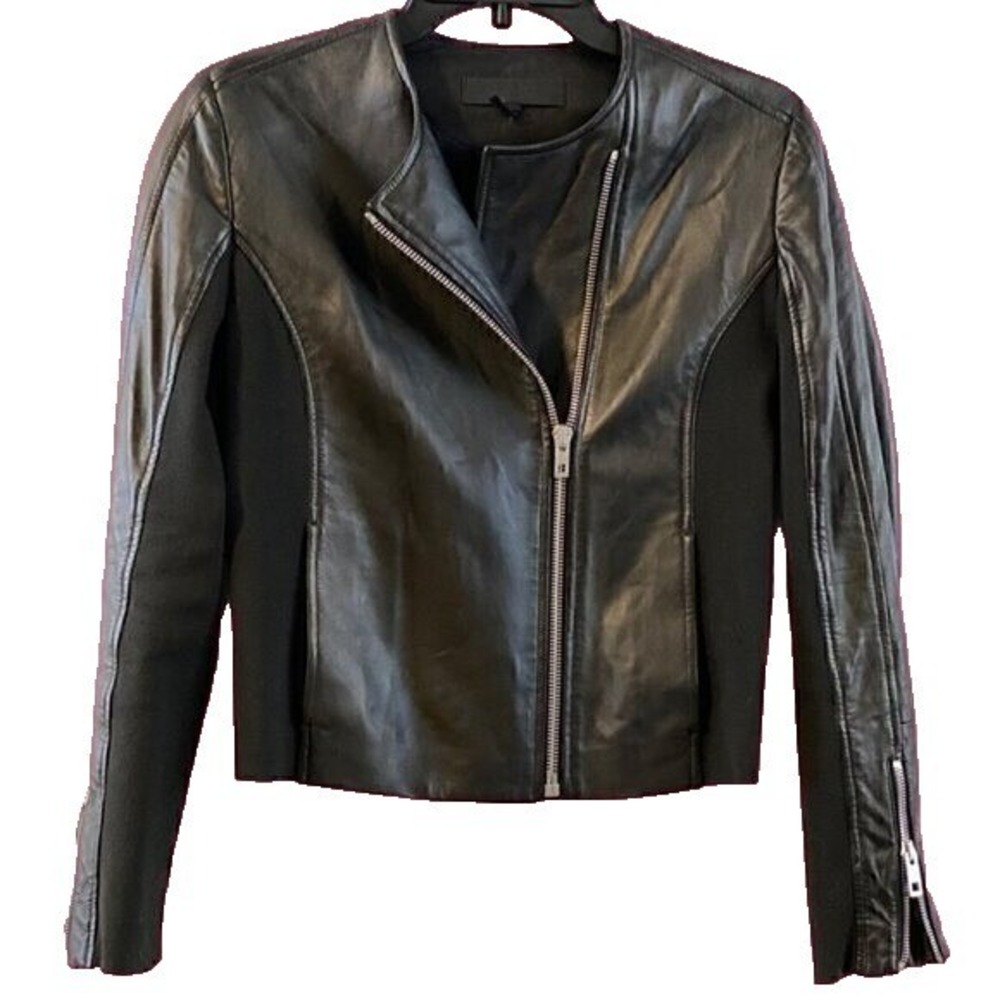 rag & bone Harrison Lamb Leather Moto Jacket Black Rib Knit Panels Size 0
